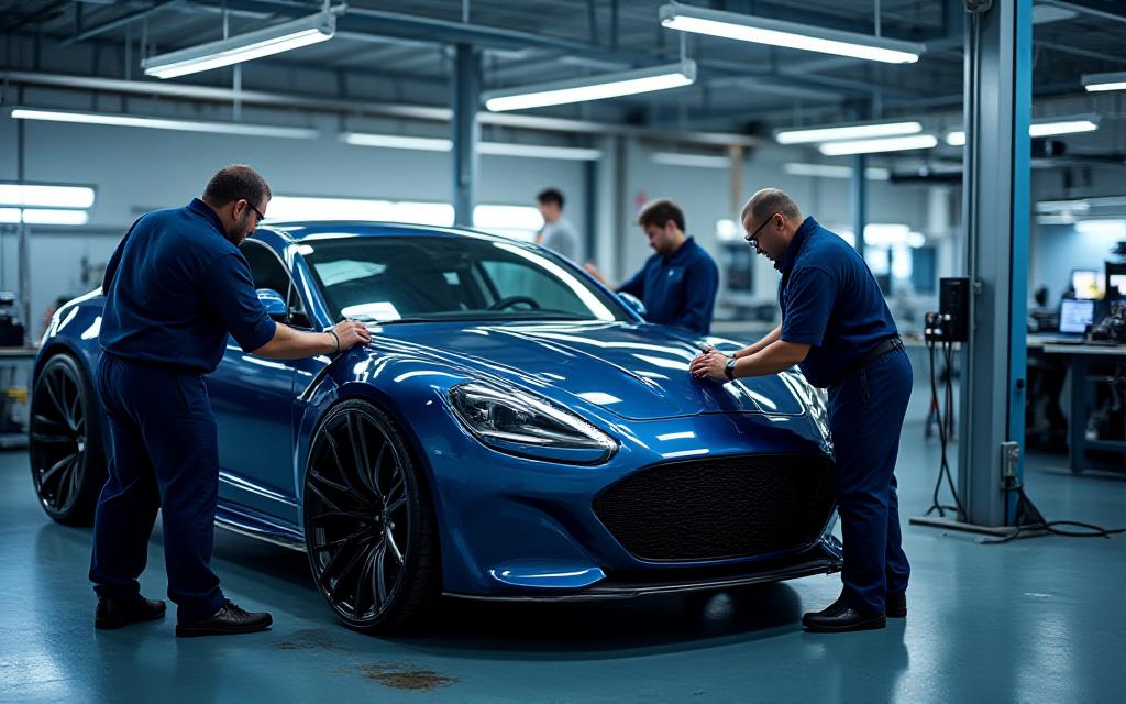 आधुनिक गैराज में कार ट्यूनिंग करते हुए तकनीशियन